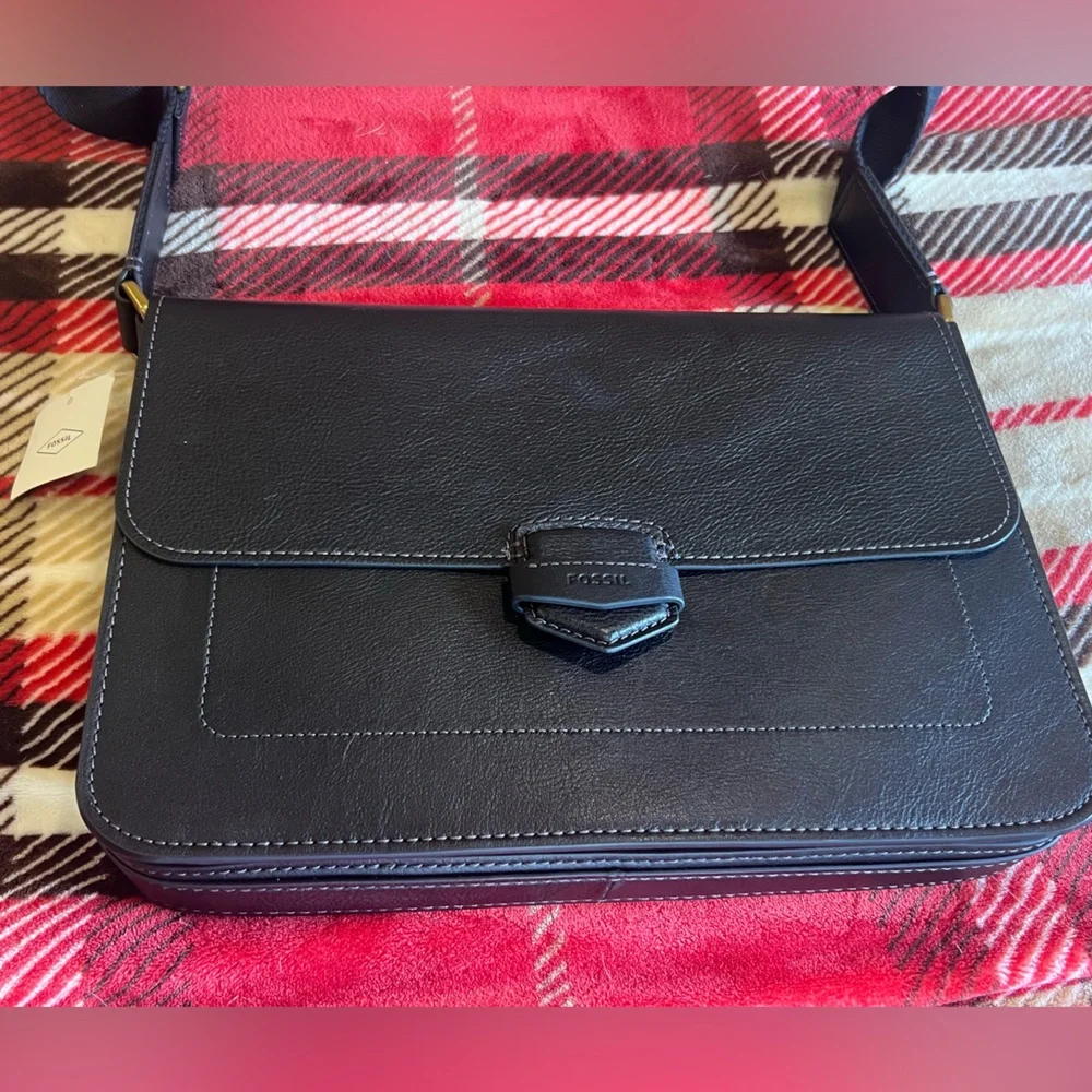 Fossil Lennox Black Leather Messenger Laptop Bag NWT